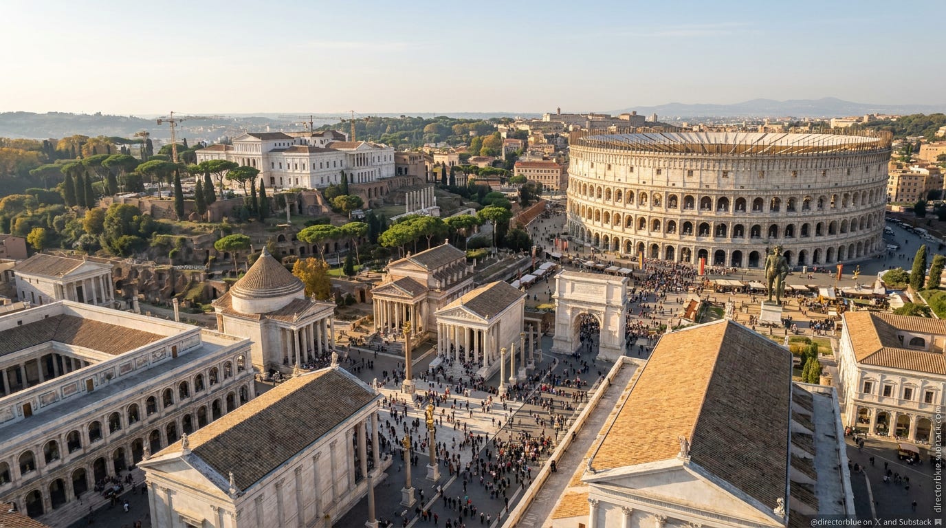 IMAGE PROMPT TIME TRAVEL THROUGH PAST - Ultra-realistic cinematic aerial photograph 169 HDTV format identical fixed drone position 120 meters altitude above the northwest Forum edge 35mm full-frame lens facing precisely southeast zero tilt o_image_1