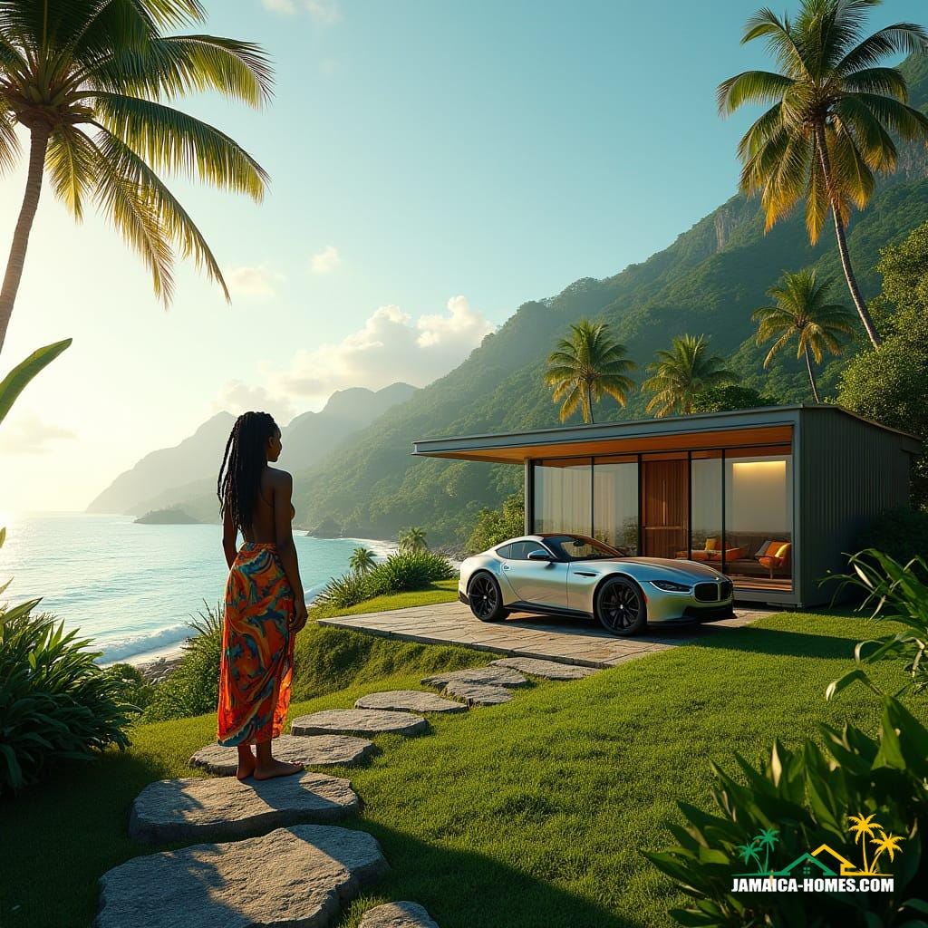 A serene Jamaican woman with dreadlocks and vibrant, colorful clothing stands near a sleek, minimalist single-story container home on a lush, tropical mountain, overlooking a pristine beach with crystal-clear waters. The home's large windows and flat roof blend seamlessly into the surroundings, while a stone pathway leads to the entrance. A stylish sports car, with sleek lines and metallic sheen, is parked in front. Lush green tropical plants and palm trees surround the home, with a few wispy clouds drifting lazily across the sky. Cinematic lighting casts a warm, golden glow on the scene, with deep shadows and a subtle film grain, reminiscent of a 35mm film still shot on a v-raptor XL camera. The color palette is vibrant and realistic, with a slight vignette and post-processing effects, evoking a sense of peacefulness and serenity. The atmosphere is epic, stunning, and dramatic, with a sense of depth and dimensionality, as if plucked from a panoramic film still, in the style of digital artists such as Simon Stalenhag, Ash Thorp, and Andree Wallin.