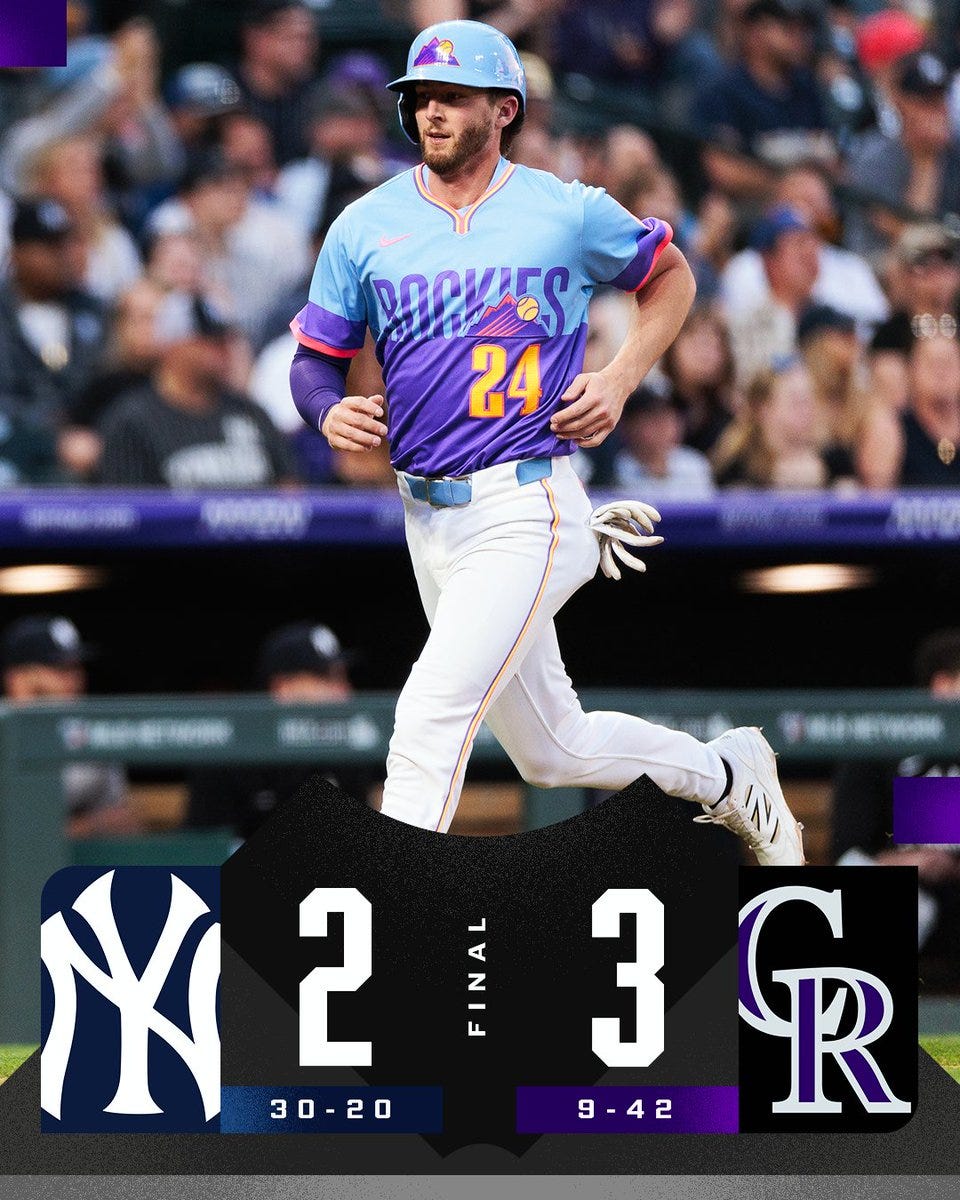 Final Score Graphic: 5/23/25
Yankees 2 (30-20), Rockies 3 (9-42)
Pictured: Ryan McMahon runs home to score in a Rockies City Connect uniform.