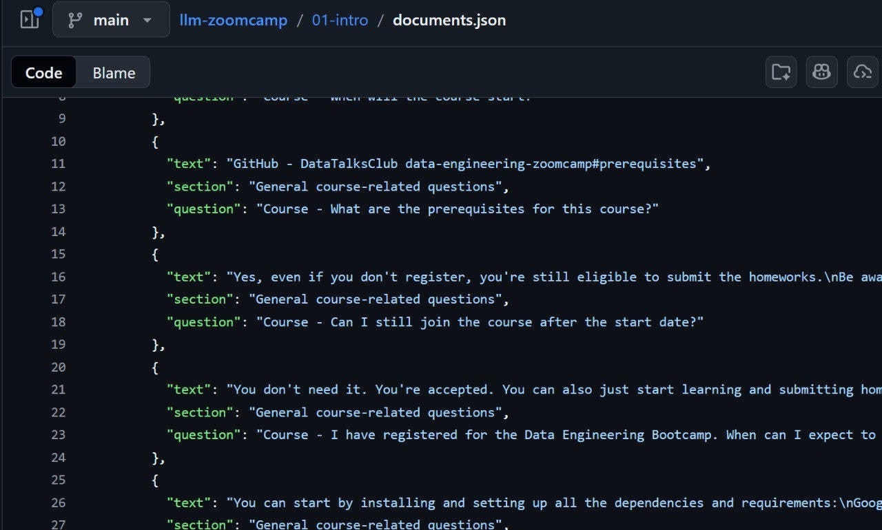 JSON documents format from parsed FAQs