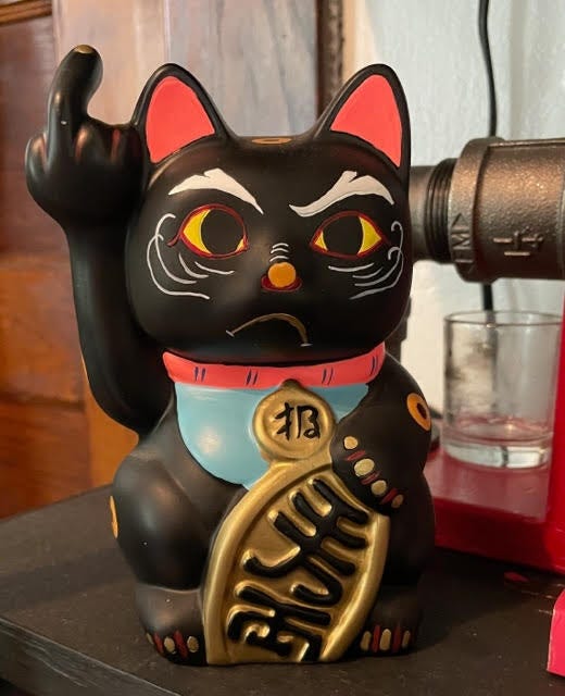 Black cat with a frown, giving the middle finger.