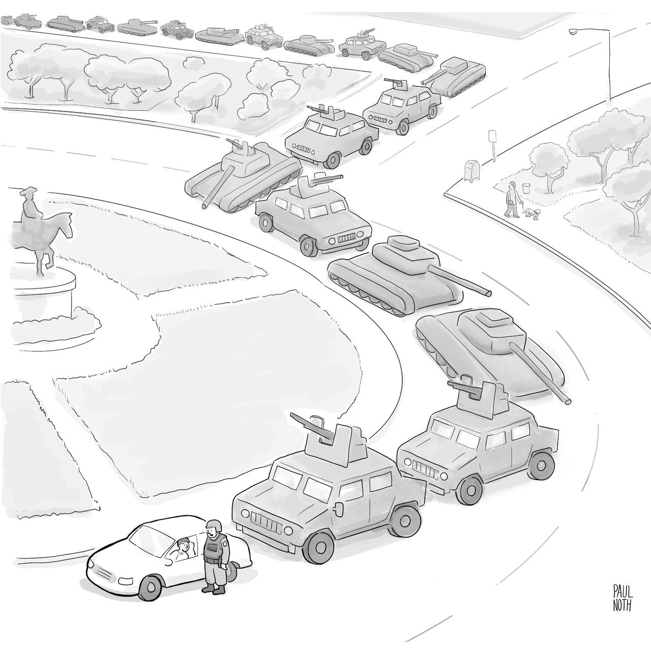 A car is pulled over and a man in a military uniform stands next to it speaking to the driver. A long line of tanks and...