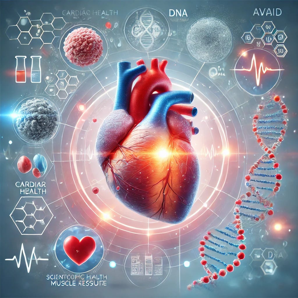 A professional medical illustration showcasing the concept of heart muscle regeneration. The image depicts a human heart with a subtle glow highlighting areas of regenerated heart muscle tissue. It incorporates elements symbolizing innovation and medical research, such as DNA strands and microscopic cells regenerating. The design is clean, modern, and scientifically accurate, with a positive and hopeful theme. Icons representing cardiac health and medical breakthroughs are subtly integrated into the background. The color palette includes calming blues and reds, emphasizing clarity and focus. Avoid unsettling or overly graphic depictions.