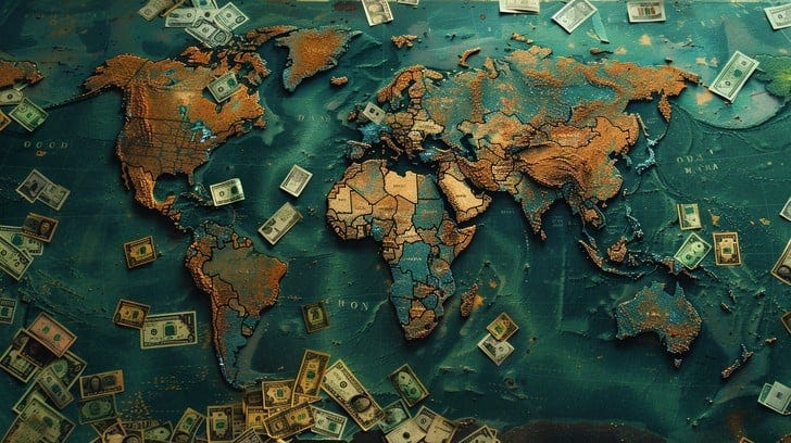 This intriguing photo captures a world map overlaid with various denominations of currency, symbolically representing the complex and interconnected nature of global economics. The physical positioning of the money on different continents hints at the movement of capital and economic diversity in those regions. The image elegantly highlights themes of wealth distribution, international trade, and financial dynamics across the globe, all while showcasing a map that serves as the foundation for understanding these global interactions.