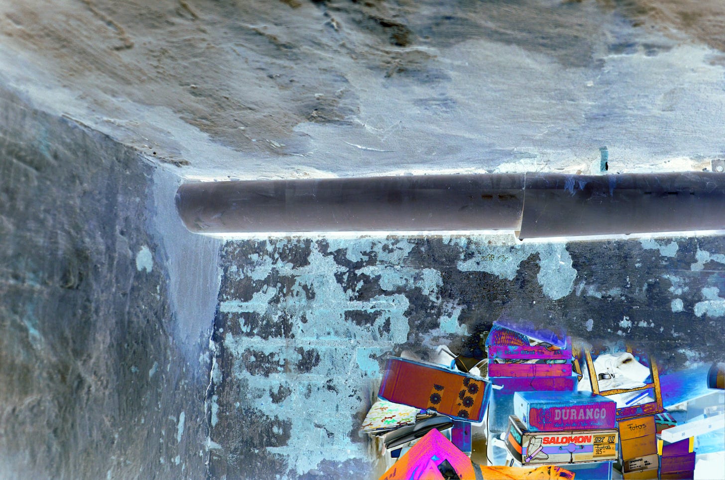 Interior of a house mid\-renovation, with rough exposed walls and ceiling, a long pipe running across the upper part of the room, and boxes and belongings piled below\. The stripped surfaces and visible infrastructure give the space the feeling of a home opened down to its workings