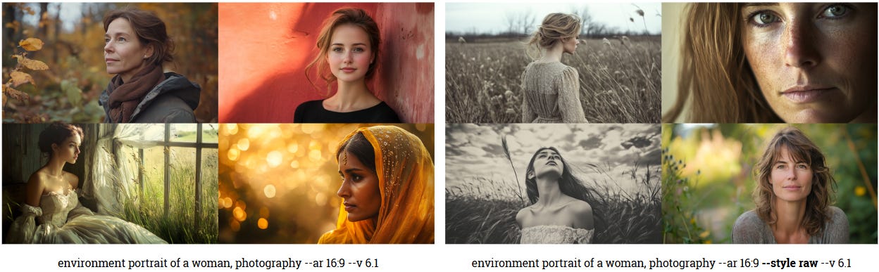 Left: Photographic images created with the "photography" keyword. Right: Photographic images created with the --style raw parameter. Left: Photographic images created with the "photography" keyword. Right: Photographic images created with the --style raw parameter.