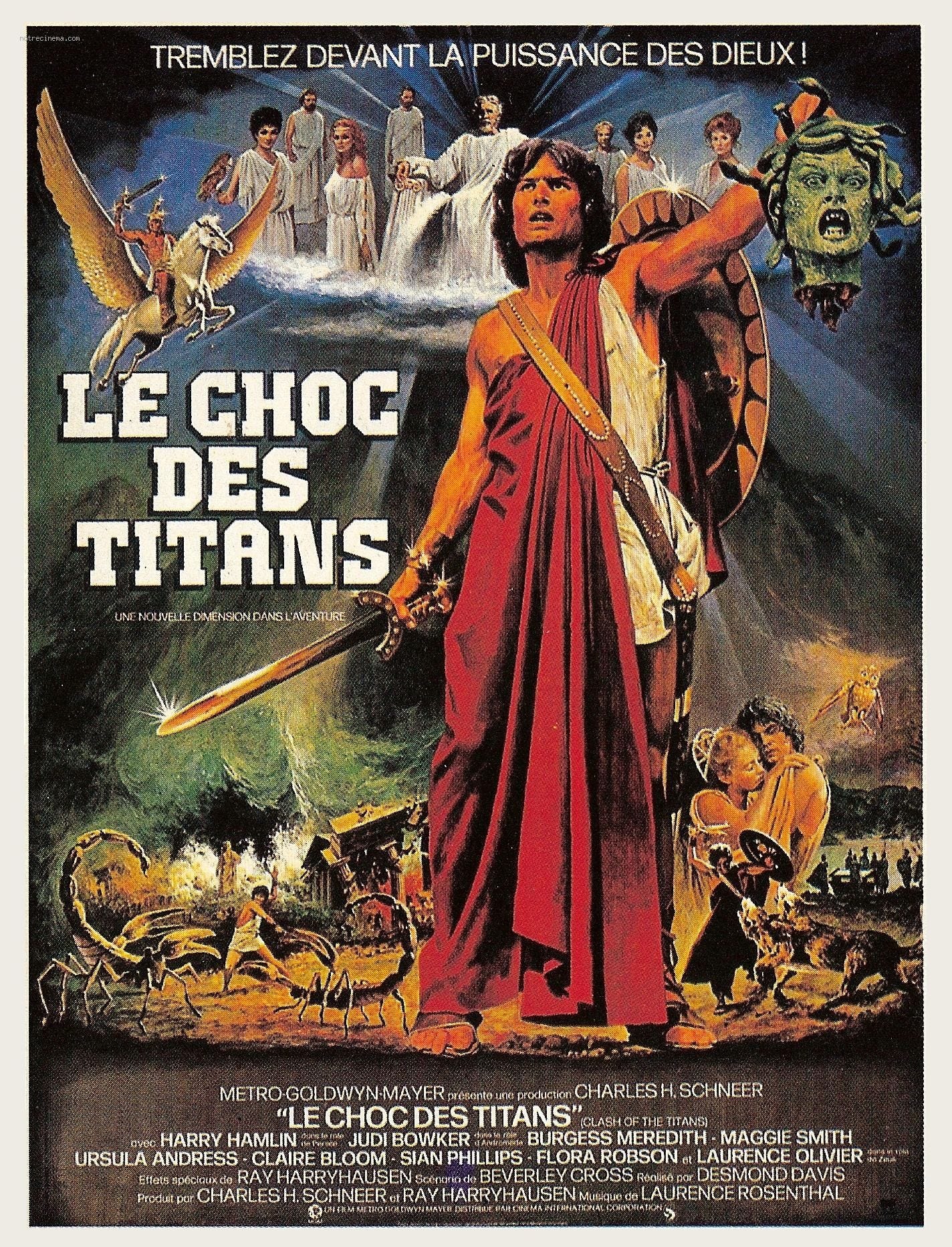 film poster for Clash of the Titans in french (Le Choc Des Titans) showing the gods, Jaoson holding the Medusas head, etc