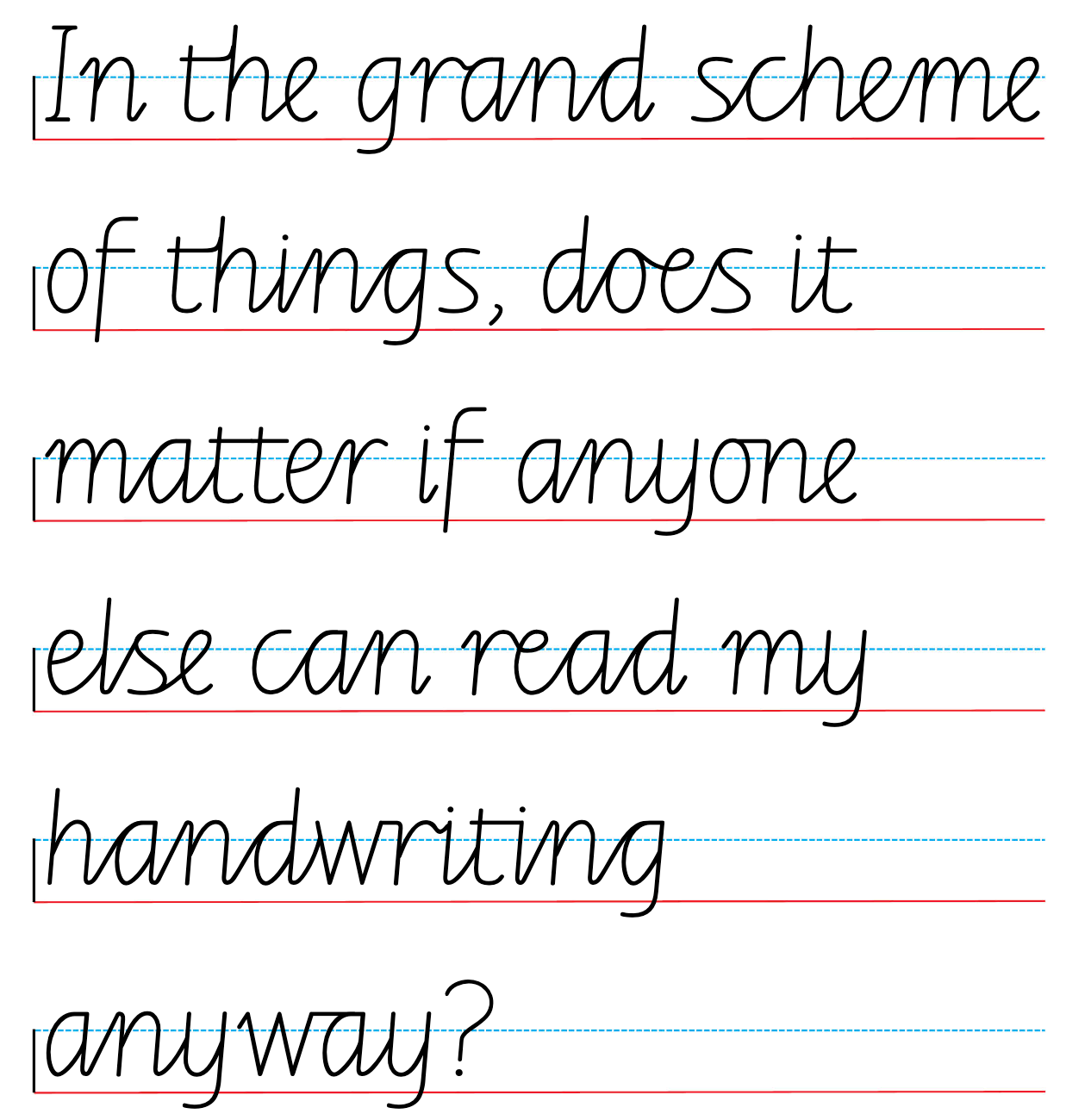 Pictured is a lined worksheet with the following words on it: In the grand scheme of things does it matter if anyone else can read my handwriting anyway?