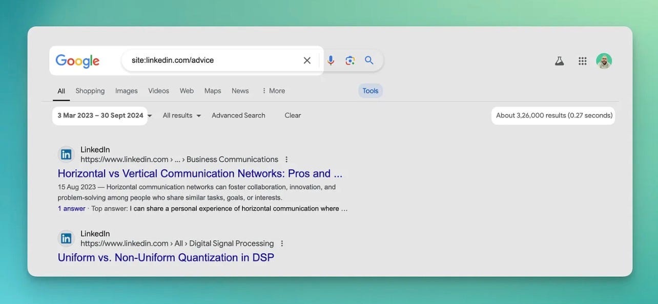 LinkedIn Collaborative Article Index SEO results