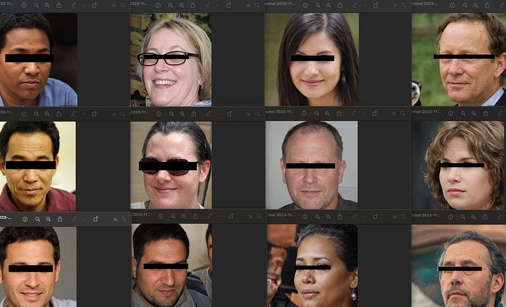 Digital art created by the author using thispersondoesnotexist.com and MacOS preview. Grid of 12 images of human faces with the eyes covered up by a black bar