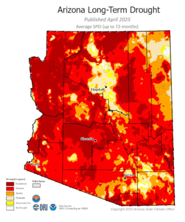 drought long-term map of Arizona showing most of the state either "extreme" or "exceptional" the two highest categories of drought
