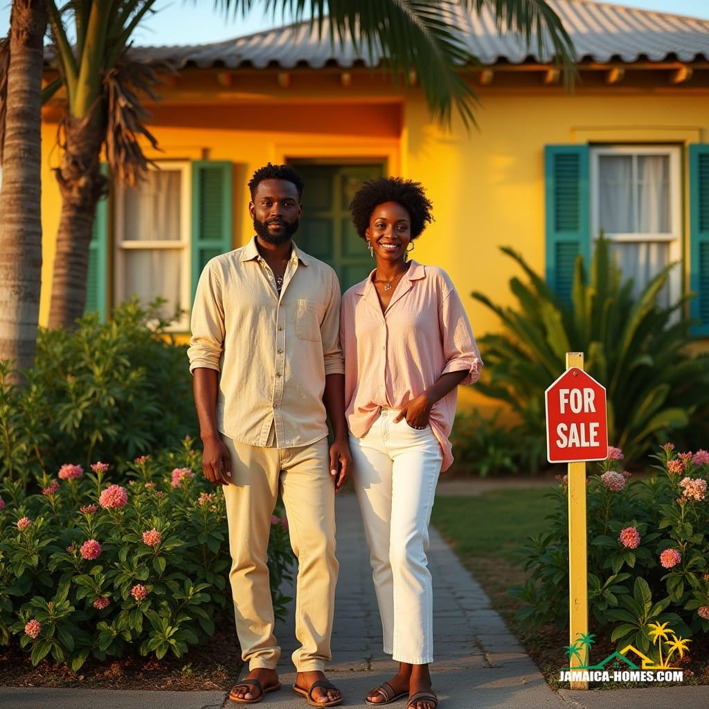 A close-up, cinematic portrait-style scene in Jamaica at golden hour. A beautiful Jamaican couple stands proudly in front of their freshly painted home, framed by vibrant tropical flowers and a lush mango tree. The man rests a hand confidently on a “For Sale” sign, while the woman holds a set of house keys, smiling with pride and hope. Their clothing is stylish yet relaxed, reflecting Jamaican culture—linen, bold colors, natural textures. Behind them, the Caribbean Sea glows in the distance, with warm sunlight casting a golden halo around them.