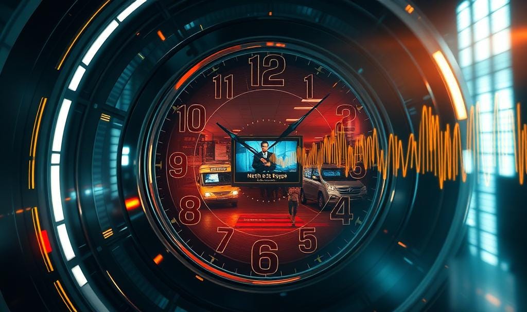 AI-generated image of a futuristic clock with a reflection of a tv news broadcast on its surface and a waveform emanating from the face. AI-generated image of a futuristic clock with a reflection of a tv news broadcast on its surface and a waveform emanating from the face.