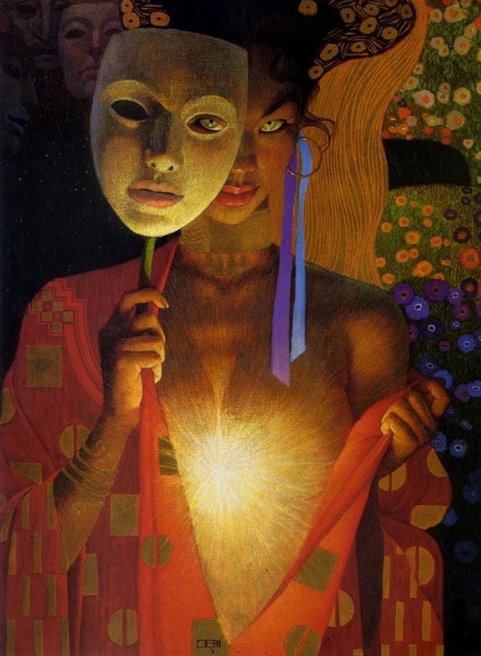 A stylized figure with dark skin and long earrings holds a white mask with expressive eyes close to their face, revealing their own features partially obscured. The figure wears a red patterned garment draped over the lower body, with bare upper chest and shoulders exposed. A glowing golden light emanates from the chest area. Surrounding elements include abstract faces in the background, floral and geometric patterns in gold and green tones, and purple flowers.