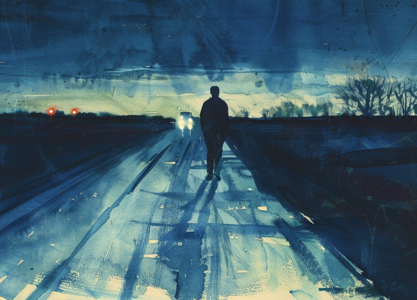 vintage editorial watercolor illustration of a lone figure standing at a tree line on a rural road at dusk, facing forward, composed, faint emergency lights far behind him, flat midwestern fields, muted neutrals, cream paper texture