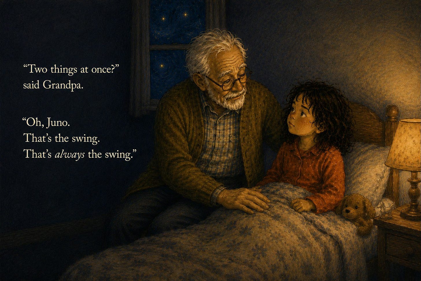 'Two things at once?' said Grandpa. 'Oh, Juno. That's the swing. That's always the swing.' Grandpa sits at the edge of the bed talking with Juno.