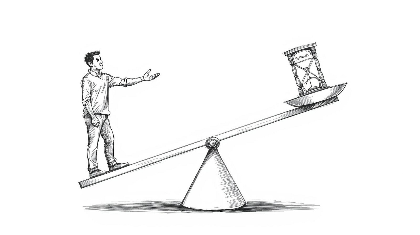 Scale tipping heavily toward a small hourglass while an empty outstretched hand rises on the other side