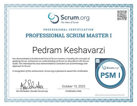 Pedram Keshavarzi's Professional Agile, Scrum, Kanban, Product Management Certificates