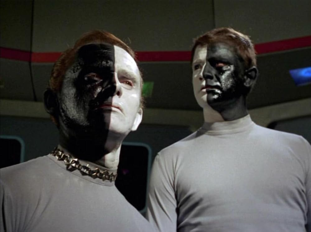 Bele (Frank Gorshin, black on the right and white on the left) and Lokai (Lou Antonio, white on the right and blck on the left) from 'Let That Be Your Last Battlefield' (1969) Bele (Frank Gorshin, black on the right and white on the left) and Lokai (Lou Antonio, white on the right and blck on the left) from 'Let That Be Your Last Battlefield' (1969)