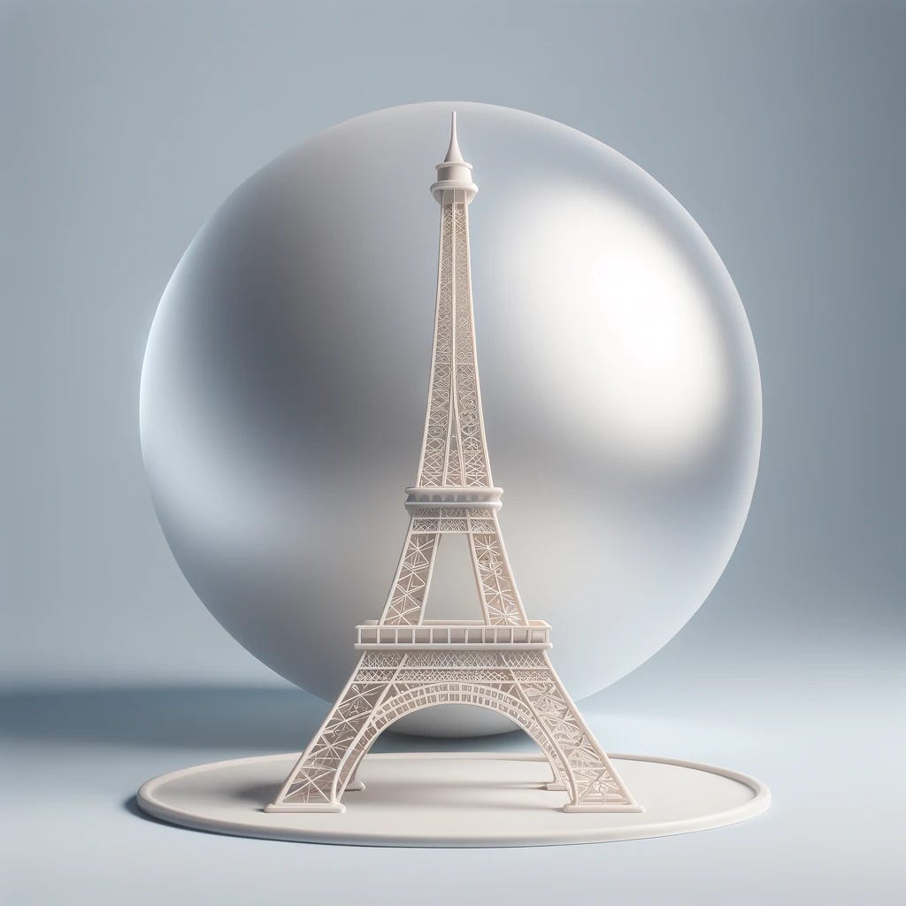 A simplified 3D scene with a central Eiffel Tower miniature and a single large sphere in the background. The Eiffel Tower is placed in the center, designed with clear, minimalist lines, capturing its iconic shape in a straightforward yet elegant manner. The large sphere behind the tower has a matte, frosted glass texture and reflects a soft, ambient light. This composition focuses on the balance between the intricate structure of the Eiffel Tower and the simplicity of the sphere, creating a visually appealing and serene image.