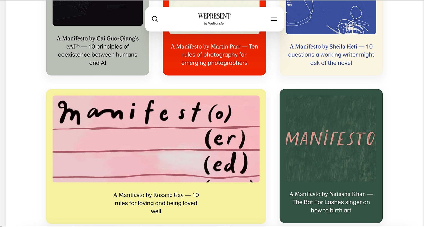 Screenshot of the online magazine WePresent.com featuring colorful thumbnails with illustrations. Some of the featured creatives include Sheila Heti, Roxane Gay, and Natasha Khan.