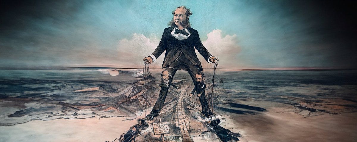 The illustration shows William Henry Vanderbilt, Cyrus West Field, and Jay Gould.