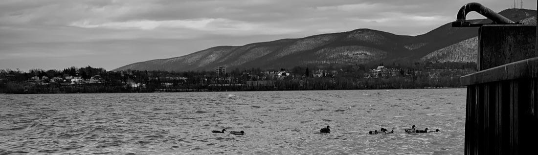 black and white of Mount Beacon across Hudson River
