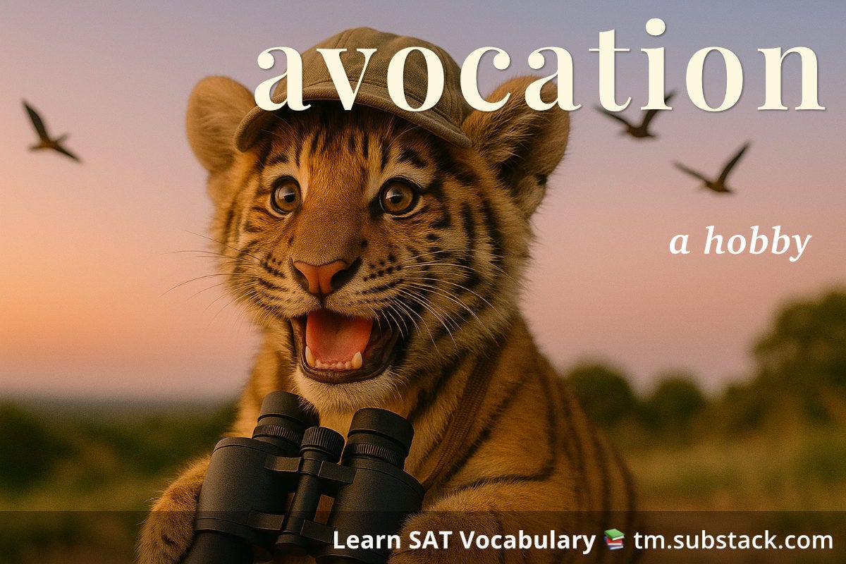 Illustration of a tiger cub engaging in birdwatching; used to illustrate the SAT word 'avocation'.