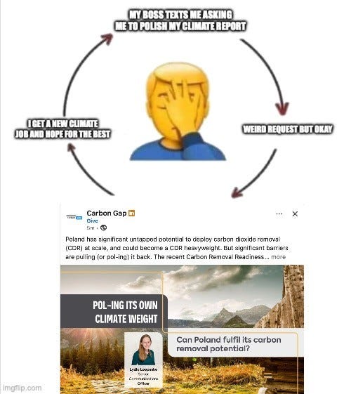 Cycle diagram with a facepalm emoji in the center and arrows between steps: "MY BOSS TEXTS ME ASKING ME TO POLISH MY CLIMATE REPORT" then "WEIRD REQUEST BUT OKAY" then a screenshot of a Carbon Gap LinkedIn post reading "Poland has significant untapped potential to deploy carbon dioxide removal (CDR) at scale, and could become a CDR heavyweight. But significant barriers are pulling (or pol-ing) it back. The recent Carbon Removal Readiness... more" with a graphic reading "POL-ING ITS OWN CLIMATE WEIGHT" and "Can Poland fulfil its carbon removal potential?" beside a photo of a staff member, then "I GET A NEW CLIMATE JOB AND HOPE FOR THE BEST"
