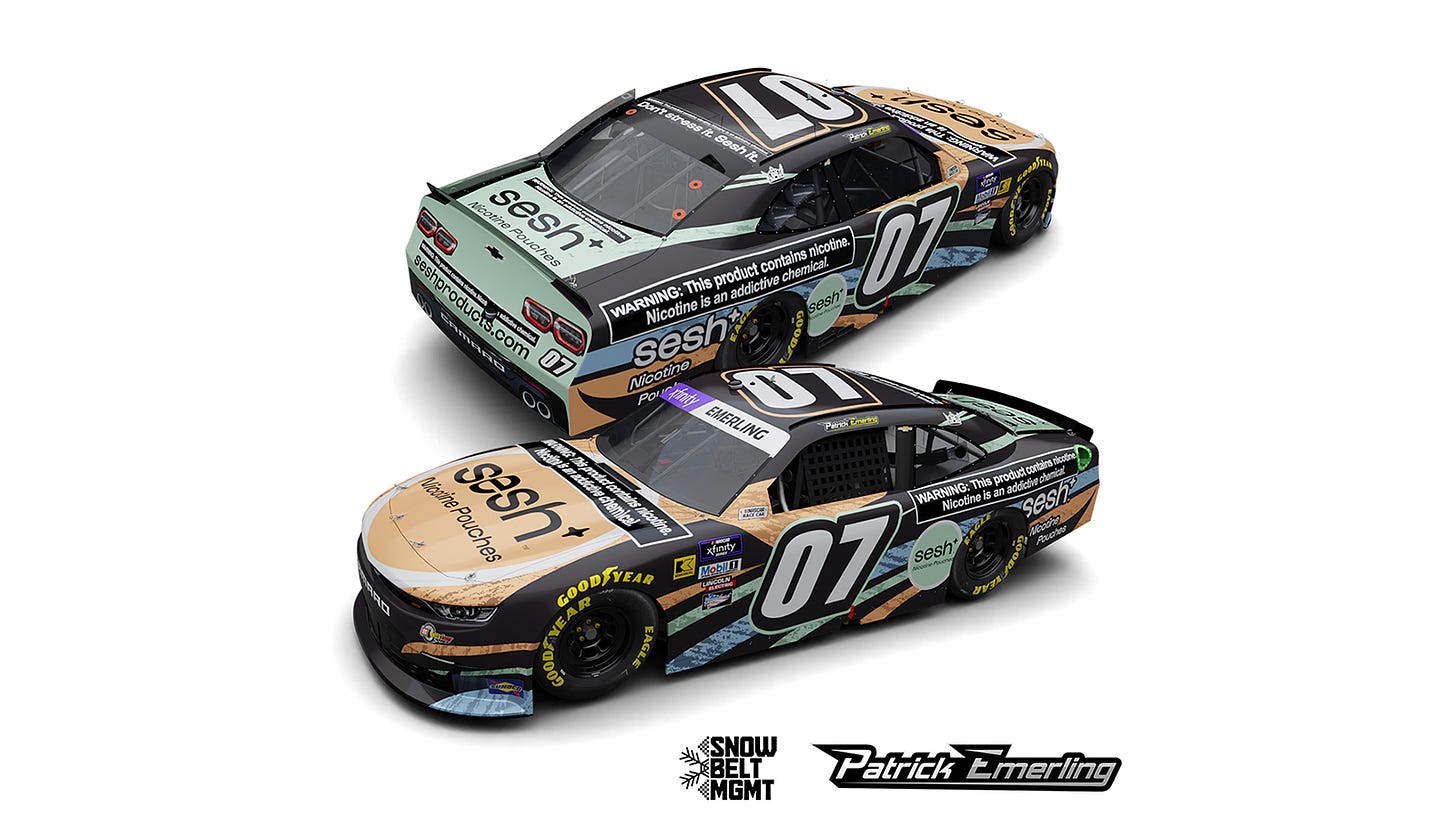 Patrick Emerling Sesh Nictotine Pouches sponsorship Texas Motor Speedway 2024 NASCAR Xfinity Series