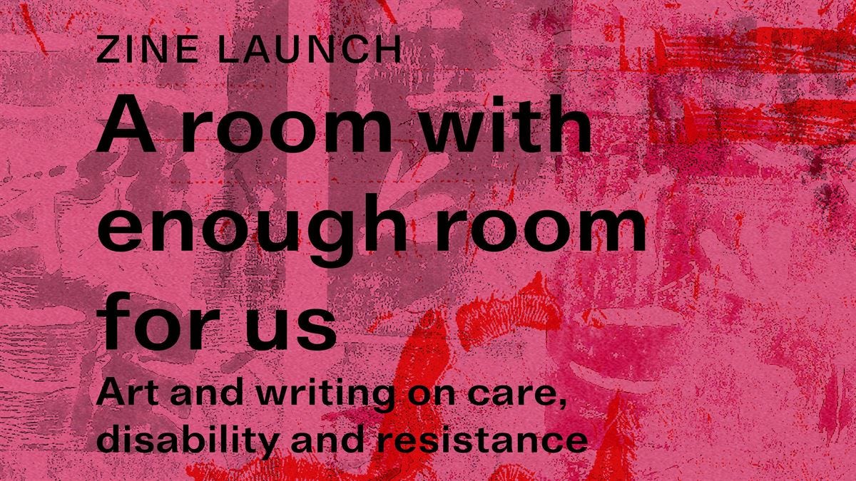 A graphic has text with information about an event against a red and pink page of a zine. A graphic has text with information about an event against a red and pink page of a zine.