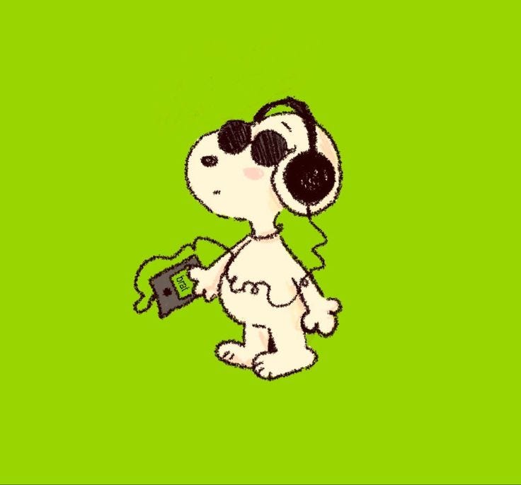 This may contain: a cartoon dog with headphones and a camera in his hand on a green background