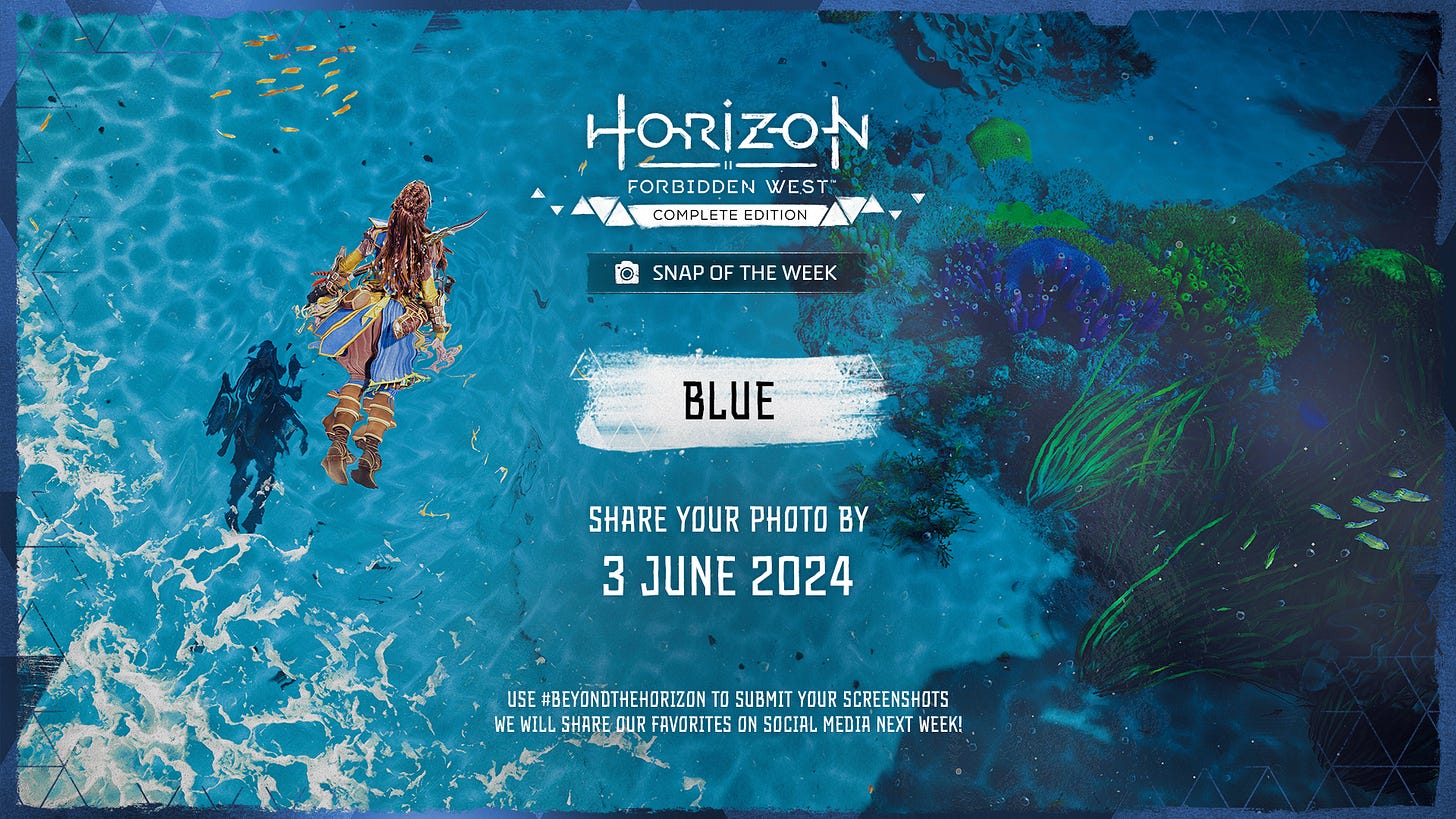 A screenshot taken in Horizon Forbidden West showing Aloy swimming in the blue ocean.
