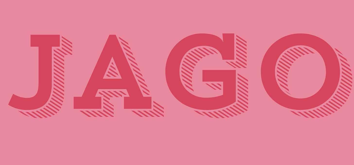 Jago, written in dark pink text on a light pink background
