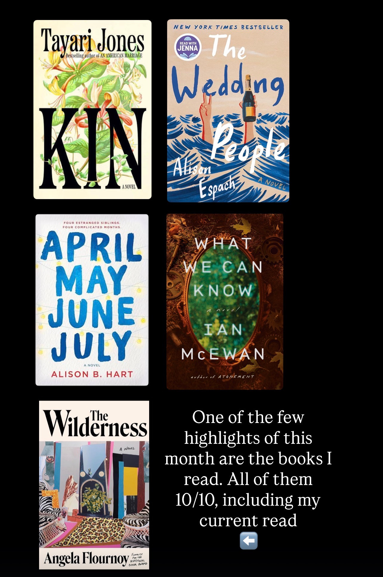 The five excellent books I read in January: "Kin" by Tayari Jones, "the Wedding People" by Alison Espach, "April May June July" by Alison B. Hart, "What We Can Know" by Ian McEwan," and "The Wilderness" by Angela Flournoy.