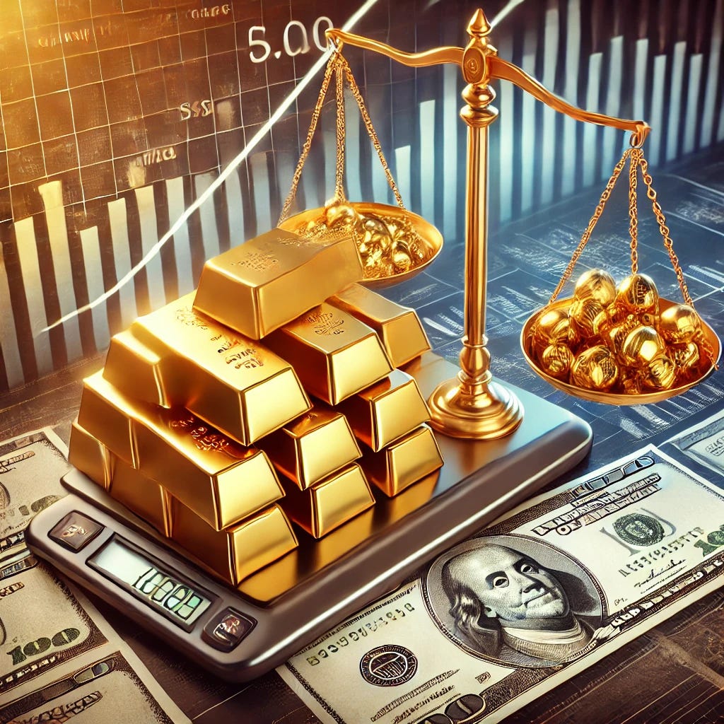 A symbolic representation of gold being elevated as a Tier 1 asset in the global financial system. Stacks of shining gold bars are placed on a financial scale, balanced equally with cash and U.S. Treasury bonds. The background features financial charts and a rising gold price trend, illustrating its growing importance.