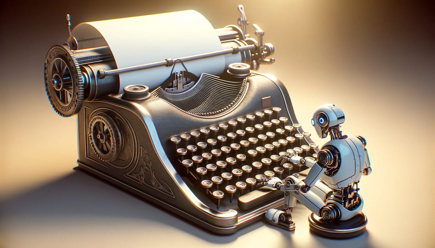 An illustration in wide aspect ratio showing a robot typing on a typewriter, where the typewriter is correctly positioned to face the robot. The typewriter, designed in a classic style with round keys and a paper roll, is placed so that its keys and paper roll are oriented towards the robot, which is sitting in front of it. The robot, with a futuristic design, is engaging with the typewriter, its mechanical hands positioned for typing on the front keys of the typewriter. The scene is set in a well-lit room, emphasizing the interaction between the robot and the typewriter, ensuring there are no keys on the back of the typewriter.