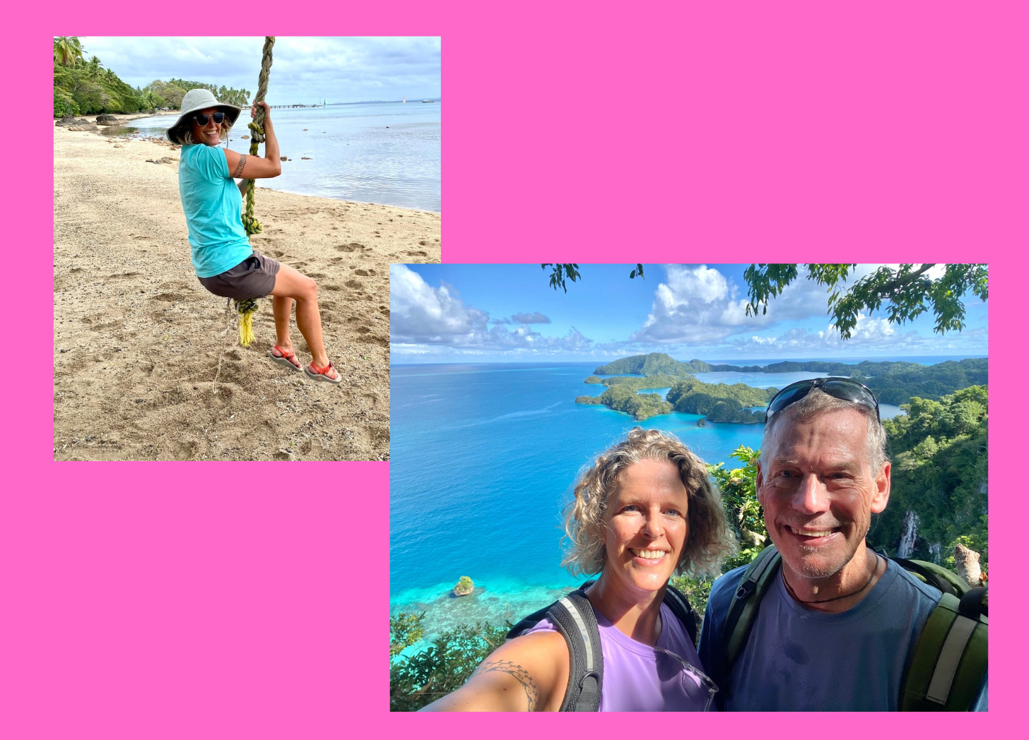 Two photos. Right: Woman on a rope swing on a beach in Fiji. Left: A man and woman on a path overlooking an ocean in Fiji.