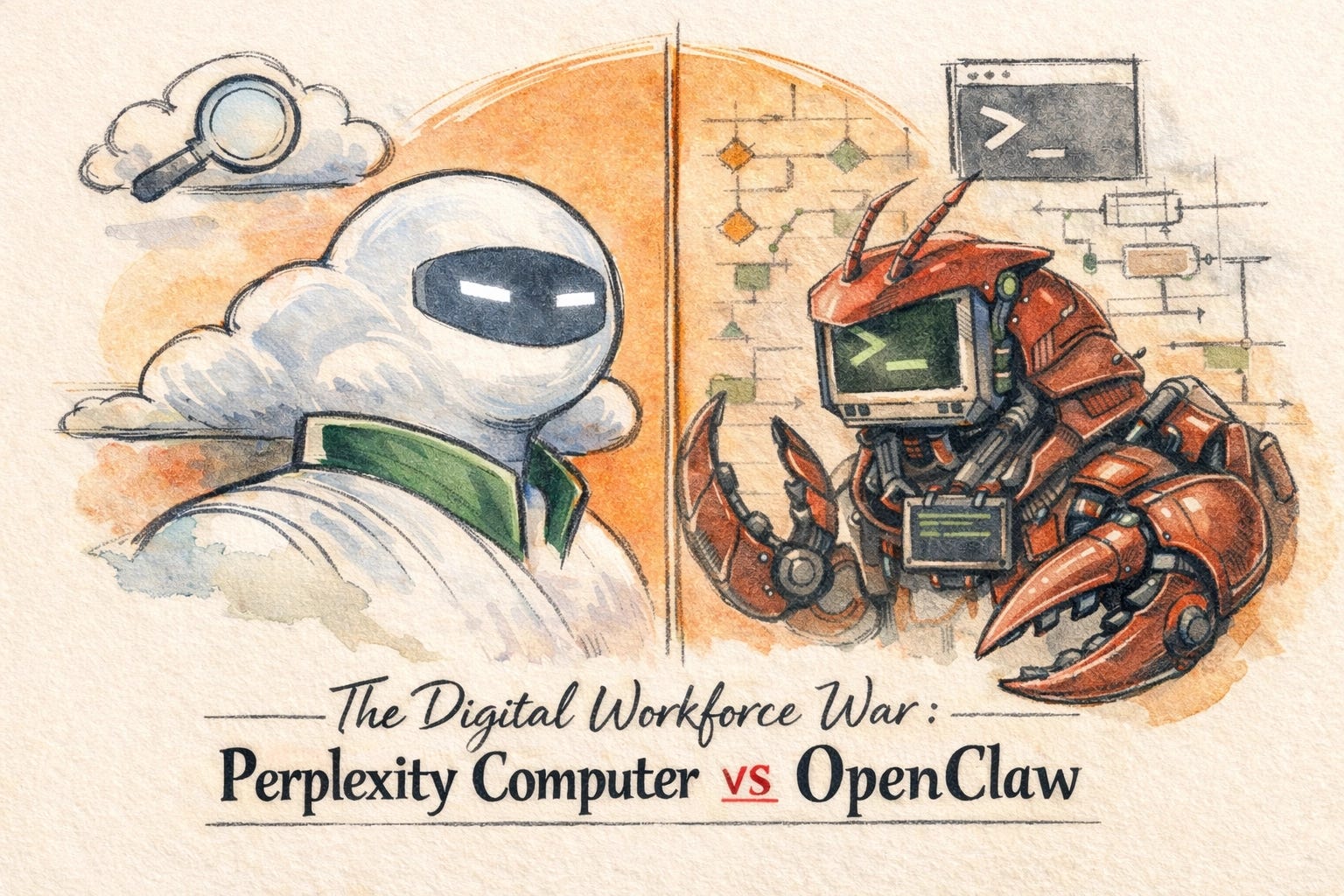 Watercolor illustration of two AI agents facing off — a sleek white robot representing Perplexity Computer on the left and a mechanical red claw robot representing OpenClaw on the right. Title reads: The Digital Workforce War: Perplexity Computer vs OpenClaw.