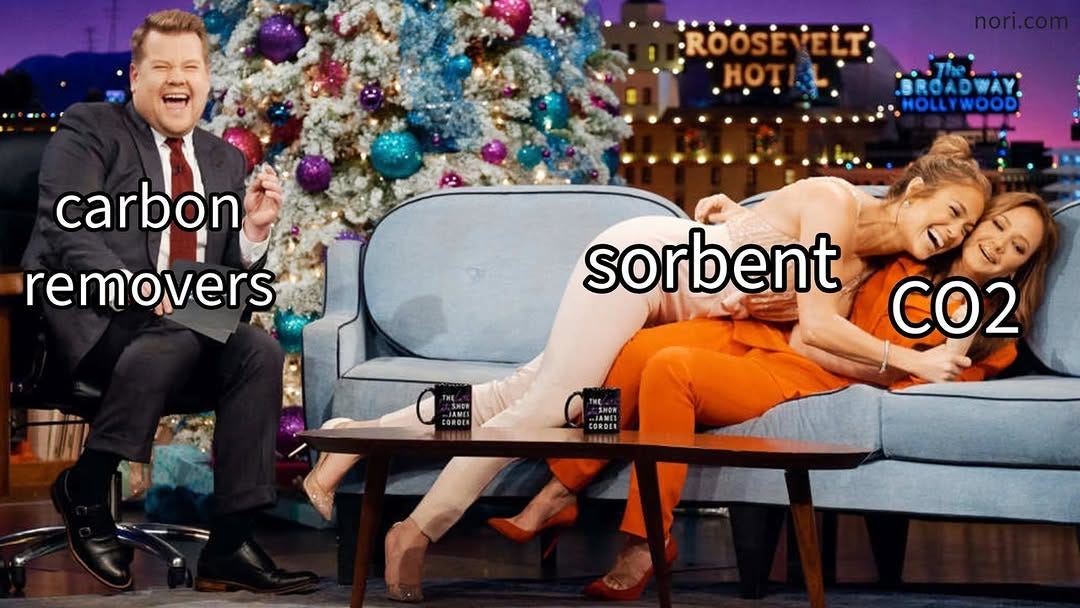 A talk show host labelled "carbon removers" laughing as two guests cuddle on the couch, labelled "sorbent" and "CO2".