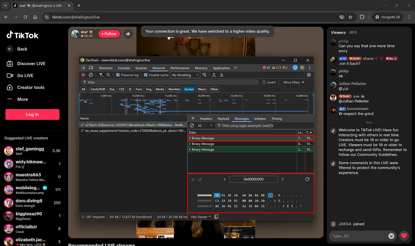 Note the binary message sent from the server Note the binary message sent from the server