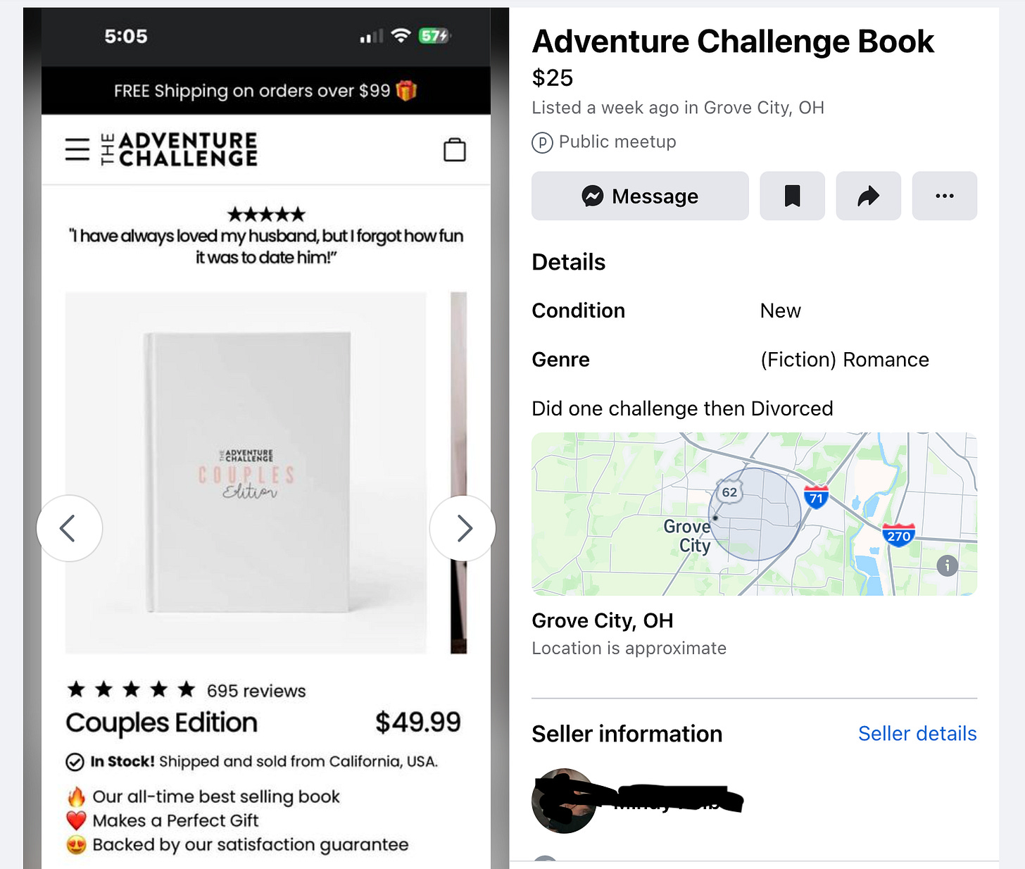 facebook marketplace listing for "adventure challenge couples edition." "did one challenge then divorced"