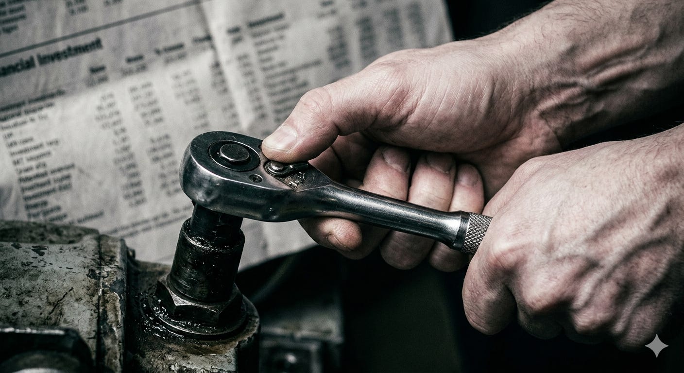 Close-up of hands operating a ratchet tool at high tension, knuckles white, straining. In blurred background, financial documents visible. Visual metaphor for commitment ratchet. Each click tightens, reversal becomes impossible. Close-up of hands operating a ratchet tool at high tension, knuckles white, straining. In blurred background, financial documents visible. Visual metaphor for commitment ratchet. Each click tightens, reversal becomes impossible.
