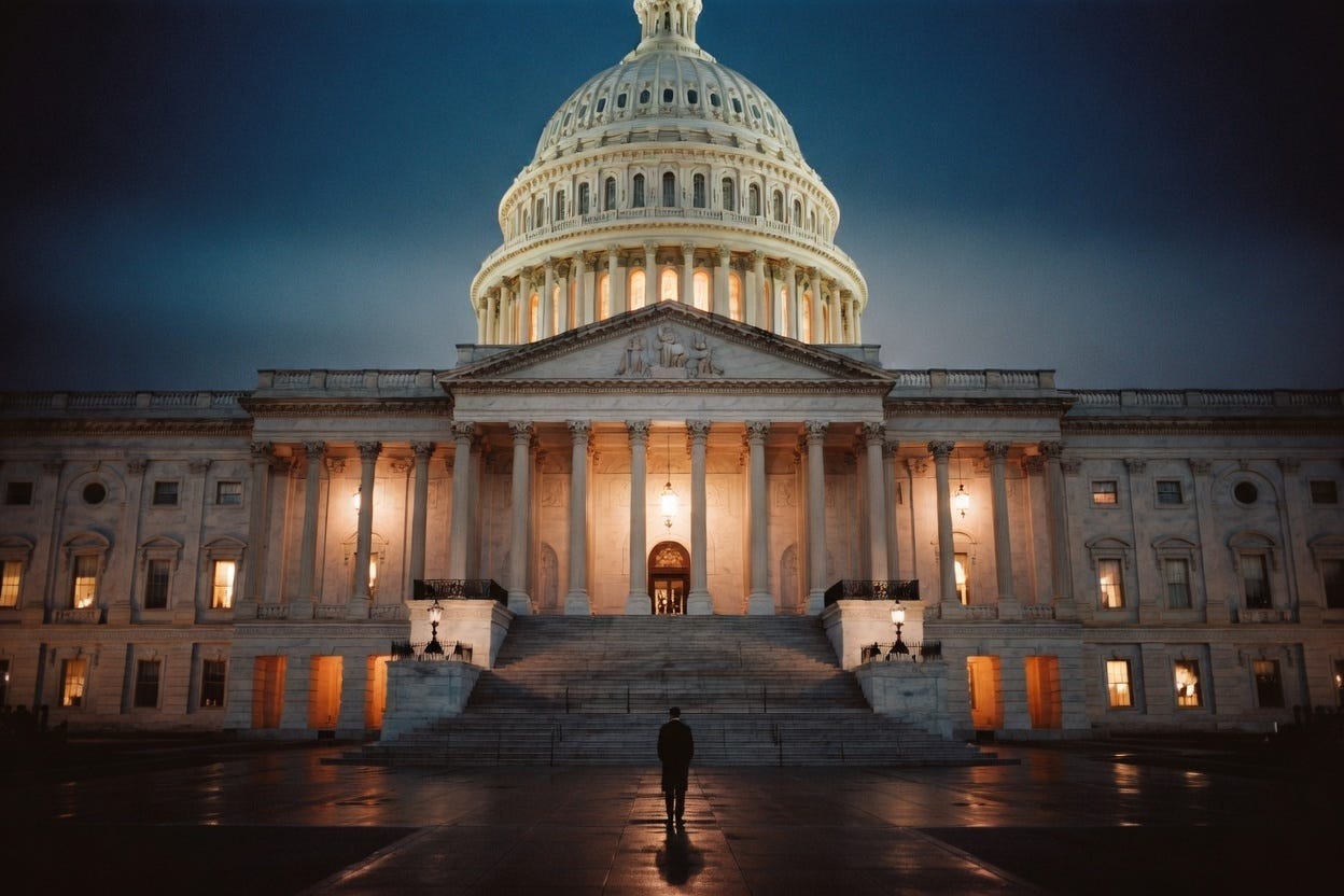 Lone silhouetted figure in a dark suit stands with back to camera at the base of the grand marble steps of the US Capitol building at dusk, dwarfed by the massive columns and illuminated dome under a deep blue-to-black sky, warm amber floodlights highlighting the architecture, moody cinematic atmosphere, photorealistic Lone silhouetted figure in a dark suit stands with back to camera at the base of the grand marble steps of the US Capitol building at dusk, dwarfed by the massive columns and illuminated dome under a deep blue-to-black sky, warm amber floodlights highlighting the architecture, moody cinematic atmosphere, photorealistic