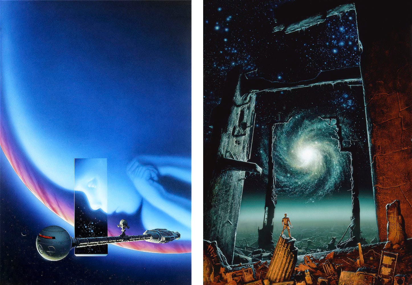 LEFT: A silhouette of a baby rendered in hazy blues is laid over the planet Jupiter with only a sliver of stormy surface showing against starry space. An obelisk filled with stars is positioned over both—transparent where it overlays the baby's eyes and nose. A long slender spaceship with spherical nose section dominates the foreground. Pointed away from the planet and positioned within reach of Starchild's clasped hands, the ship resembles a baby rattle. RIGHT: In the rubble of Trantor, a man stands on a broken pillar to gaze out a galactic spiral spinning brightly against a celestial canvas of stars. The immediate foreground is lit to give it an earthy red tint while the vista of planetary wreckage is gray-green leading up to a brilliant starscape of green and blue. Crumbling structures form a series of frames to give a sense of distance across the ruined surface of the planet. LEFT: A silhouette of a baby rendered in hazy blues is laid over the planet Jupiter with only a sliver of stormy surface showing against starry space. An obelisk filled with stars is positioned over both—transparent where it overlays the baby's eyes and nose. A long slender spaceship with spherical nose section dominates the foreground. Pointed away from the planet and positioned within reach of Starchild's clasped hands, the ship resembles a baby rattle. RIGHT: In the rubble of Trantor, a man stands on a broken pillar to gaze out a galactic spiral spinning brightly against a celestial canvas of stars. The immediate foreground is lit to give it an earthy red tint while the vista of planetary wreckage is gray-green leading up to a brilliant starscape of green and blue. Crumbling structures form a series of frames to give a sense of distance across the ruined surface of the planet.