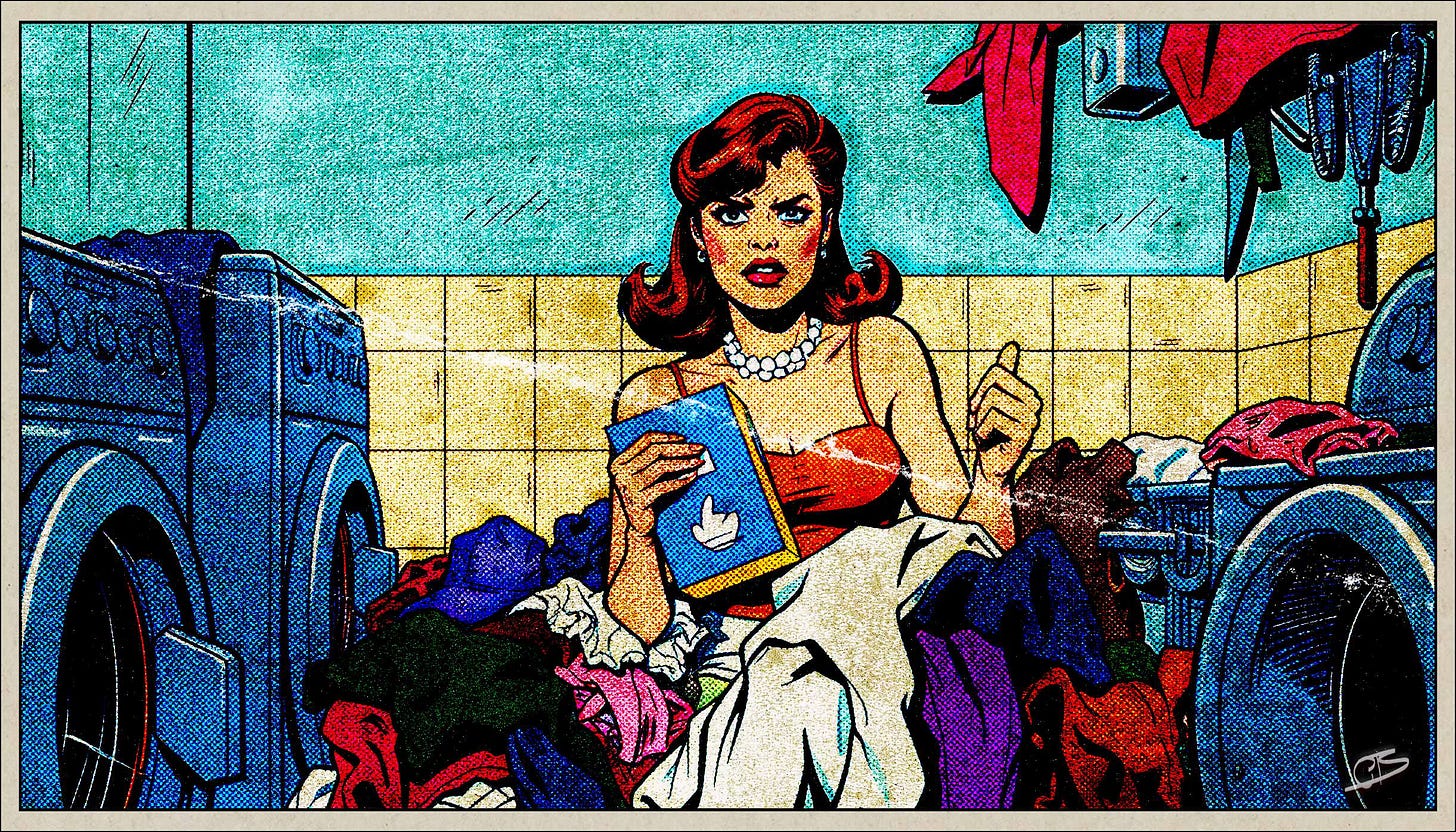 Angry woman up to her hips in dirty laundry