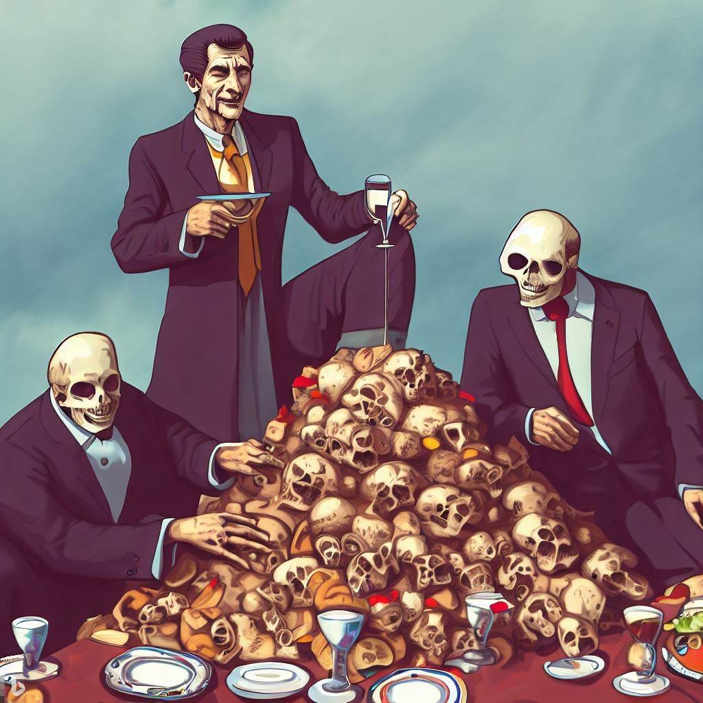 an ai generated image of rich people having brunch atop of a pile of skulls