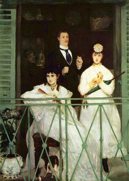 Manet painting of four figures on a balcony behind a green iron railing