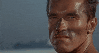 Movie gif. The bloody and beat-up face of Arnold Schwarzenegger as John Matrix in Commando, looking out and saying, "no chance."