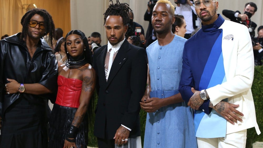 Law Roach, Sha'Carri Richardson, Lewis Hamilton, Kenneth Nicholson and Miles Chamley-Watson. Law Roach, Sha'Carri Richardson, Lewis Hamilton, Kenneth Nicholson and Miles Chamley-Watson.